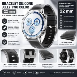 Bracelet Silicone Transparent Jelly Two Color 22mm – Style, confort et fixation rapide Quick Release - compatible avec tous les montres 22 mm Strap Pour Xiaomi Watch 5 Active / Lite Oraimo Amazfit Huawei Watch GT 4 5 6 7 Pro / Garmin Strap - Couleur Noir 