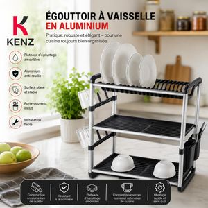 Kenz Égouttoir à Vaisselle 3 Niveaux en Aluminium avec Bac d'Égouttage et Porte-Couverts, SEM-7432