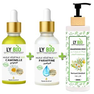 LY BIO PACK HUILE CAMOMILLE 50ML - PIPETTE + HUILE PARAFFINE 50ML - PIPETTE + SHAMPOOING AUX EXTRAITS DE PLANTES 200ML