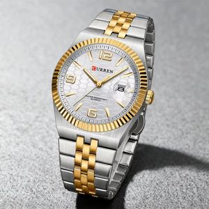 Curren Montre Homme Dateur Automatique Lunette Cannelée Dorée Cadran Blanc Bicolore Or et Argent – Édition Originale