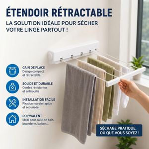 Séchoir à Linge Mural Rétractable 6 Cordes – Étendoir Extensible jusqu’à 3,2 m avec 5 Fils et Crochets, Installation Murale, Design Compact et Peu Encombrant, Idéal pour Balcon, Terrasse, Jardin, Salle de Bain et Buanderie