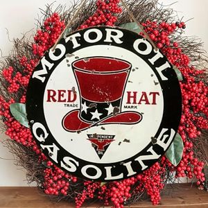 Panneau rond en bois Red Hat Gasoline, 20,32 x 20,32 cm, décoration de mur de campagne, panneau d'accueil pour les amis pour la maison, Noël, Halloween, restaurant, bar, café, garage, décoration de jardin et de pelouse extérieure - Bois fabriqué, méthode