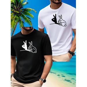Ensemble Deux Pièces - Nouveau Haut Décontracté Polyvalent pour Hommes à Manches Courtes avec Impression Transfert de Gestes Créatifs Uniques et Motif Lapin Blanc, T-Shirt Confortable à Col Rond Respirant pour Sport et Fitness