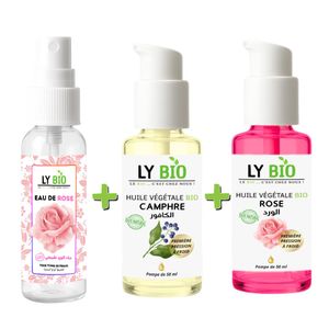 LY BIO ليبيو عبوة ماء الورد 100 مل + زيت الكافور 50 مل - مضخة + زيت الورد 50 مل - مضخة