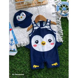 Ensemble Maillot de Bain Bébé Fille et Garçon 2 Pièces – Combinaison Sans Manches avec Motif Dauphin 3D et Chapeau Assorti – Tenue d’Été pour Plage et Piscine