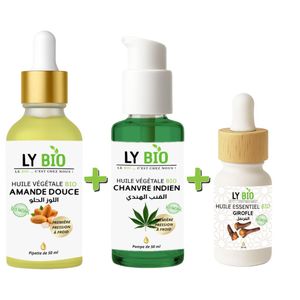 LY BIO PACK HUILE AMANDE DOUCE 50ML - PIPETTE + HUILE HYDRATANTE & NUTRITIVE 50ML - POMPE + HUILE ESSENTIEL GIROFLE 10ML