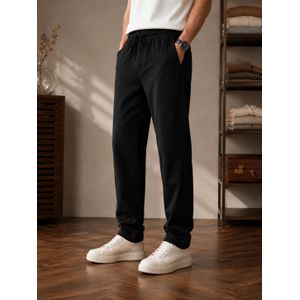 General Pantalon Homme en Lin Noir – Coupe Droite avec Taille Élastique et Cordon de Serrage