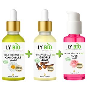 LY BIO PACK HUILE CAMOMILLE 50ML - PIPETTE + HUILE GIROFLE 50ML - PIPETTE + HUILE ROSE 50ml - POMPE
