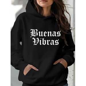 Sweat à capuche imprimé motif "Buenas Vibras" d'humeur positive avec lettre minimaliste espagnole "Egg Tart Special" - Sweat-shirt décontracté à poches, coupe ample, lavable en machine, confort toutes saisons, vêtement de tous les jours   Design japonai