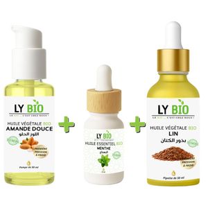 LY BIO PACK HUILE AMANDE DOUCE 50ml - POMPE + HUILE ESSENTIEL MENTHE 10ML + HUILE LIN 50ML - PIPETTE