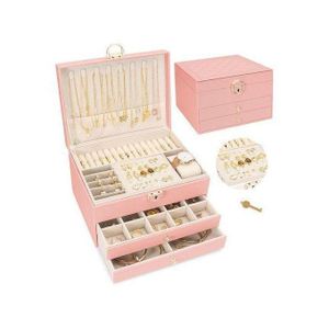 علبة مجوهرات جلدية وردية - تصميم فاخر بثلاثة أدراج