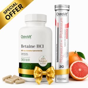 OstroVit Pack Betaine HCl 90 Caps - Optimisation de la Digestion + Magnesium + Potassium 20 effervescent tablets grapefruit