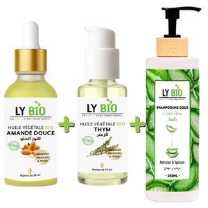 LY BIO PACK HUILE AMANDE DOUCE 50ML - PIPETTE + HUILE THYM 50ML - POMPE + SHAMPOOING ALOE VERA 200ML