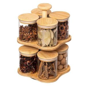 Ensemble de 8 Bocaux en Verre avec Support Rotatif en Bambou