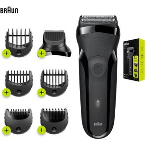 Braun Rasoir électrique série 3, 3 lames flexibles 3in1 accessoire tondeuse à barbe+ 5 peignes rasoir sec pour homme conçu en Allemagne 300BT