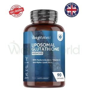 WeightWorld جلوتاثيون ليبوسومال 1000 ملغ، 90 قرصًا، تركيز عالي جدًا، مدعم بفيتامين سي وحمض الهيالورونيك وحمض ألفا ليبويك، منشأ إنجلترا