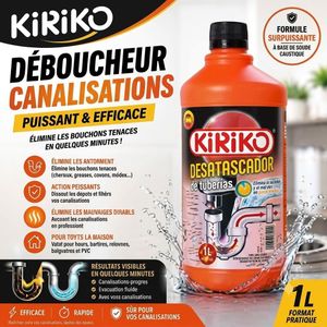 Kiriko Déboucheur Canalisation 1L – Déboucheur WC Ultra Puissant, Déboucheur Évier, Lavabo, Douche et Baignoire, Dissout Cheveux, Graisses, Papier et Bouchons Tenaces, Nettoyant Canalisations, Élimine Mauvaises Odeurs, Action Rapide, Entretien Plomberie Maison