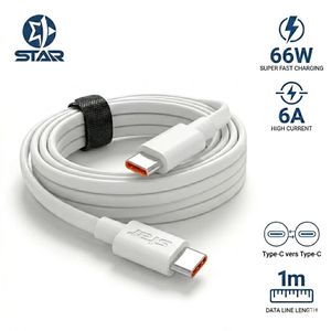 STAR Data Câble de Charge Rapide Type-C vers Type-C 66W 6A, Cordon en TPE Anti-nœuds, 1m - Blanc