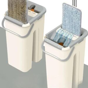 Balai serpillière plat avec seau essoreur autonettoyant 2 en 1, vadrouille microfibre mains libres, manche inox réglable, nettoyage sols sec et humide