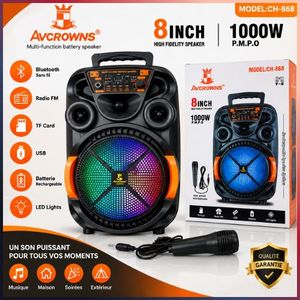 Avcrowns Enceinte Bluetooth Portable CH-868 8 Pouces – Haut-Parleur Karaoké 1000W PMPO, LED RGB, Micro, Batterie Rechargeable