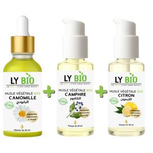 LY BIO PACK HUILE CAMOMILLE 50ML - PIPETTE + HUILE CAMPHREE 50ML - POMPE + HUILE CITRON 50ML - POMPE