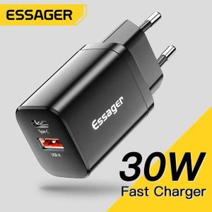 ESSAGER Chargeur Secteur 30W USB-C Power Delivery + USB-A Charge Rapide – Double Port pour Smartphone, Tablette et Appareils USB