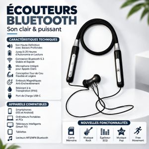 CIK Écouteurs Bluetooth T8 Tour de Cou Sport – 25h Autonomie, Bass Hi-Fi, Support Carte Mémoire