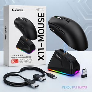 K-Snake ماوس ألعاب لاسلكي X11 ثلاثي الاتصال مع قاعدة شحن RGB – حساس PAW3311 بدقة 12000 DPI وبلوتوث و2.4G وUSB-C