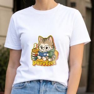 T-shirt Unisex - Purrfect Reading Cat Lover - reading cat with glasses - White
