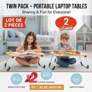 Pack Familial 2 Tables Pliantes pour Ordinateur Portable – Bureau de Lit en Bois MDF avec Fente Tablette & Porte-Gobelet–Télétravail, Étude, Repas au Lit