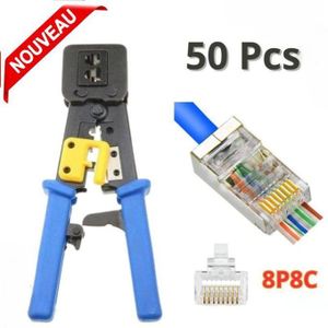 Pince Professionnel à sertir RJ45 RJ12 RJ11 - Avec Crémaillère + 50 connecteurs RJ45 Cat6 Cat5 8P8C
