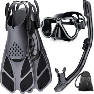 Équipement de plongée libre complet pour adultes - Masque panoramique -buée, palmes de natation réglables et tuba sec avec sac de voyage - Parfait pour les sports nautiques