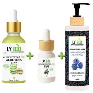 LY BIO PACK HUILE ALOE VERA 50ml - PIPETTE + HUILE ESSENTIEL SAUGE 10ML + SHAMPOOING A L'HUILE DE NIGELLE 200ML
