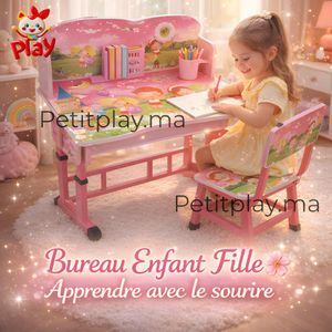 Bureau Enfant Fille avec Chaise – Table d’Étude Rose Thème Enfants Heureux