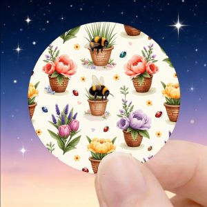 24/48 autocollants pour scrapbooking et créations - Pots floraux avec abeilles et coccinelles, fond crème, ronds en papier brillant, idéaux pour journaux, agendas, bricolages, décoration adhésive temporaire