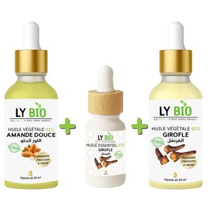 LY BIO PACK HUILE AMANDE DOUCE 50ML - PIPETTE + HUILE ESSENTIEL GIROFLE 10ML + HUILE GIROFLE 50ML - PIPETTE