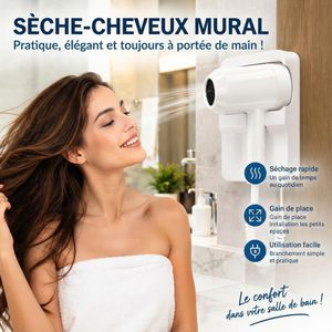 Sèche-Cheveux Mural Professionnel pour Hôtel – Appareil Puissant à Séchage Rapide avec Support, 2 Réglages de Température, Design Léger et Faible Bruit, Sèche-Cheveux Fixe pour Salle de Bain, Chambre d’Hôtel, Résidence et Location