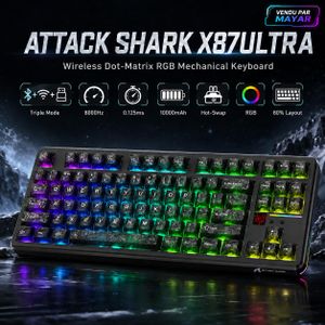 ATTACK SHARK X87ULTRA Clavier Mécanique Gaming Carbon fiber 80% Tri-Mode Bluetooth 2.4GHz USB-C – 8000Hz 0.125ms, Full Anti-Ghosting, Hot-Swap, Switches Linéaires, Écran Dot-Matrix, RGB 16 Millions de Couleurs, Batterie 10000mAh