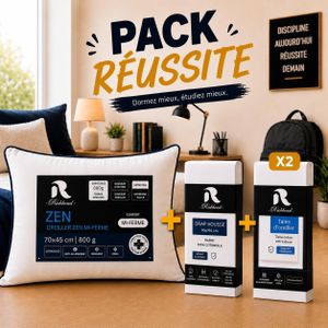RICHBOND Offre Back-to-School : Pack REUSSITE Lit 1 Place (1 Drap Housse 90x190 + 1 Oreiller R Zen Mi-Ferme + 2 Taies d'Oreiller Assorties) En Cotonelle - Blanc
