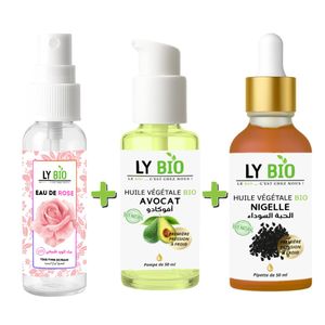 LY BIO عبوة LYBIO ماء الورد 100 مل + زيت الأفوكادو 50 مل - مضخة + زيت الحبة السوداء 50 مل - قطارة