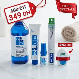 Titre : Pack Halita Routine Haleine Fraîche 24h – Bain de bouche + Dentifrice + Spray + Brosse VITIS + Fil GUM OFFERT