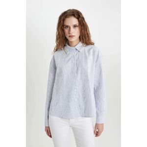 Defacto Chemise Oversize Pour Femme, Col Rayé Oxford, Manches Longues - B9322AX