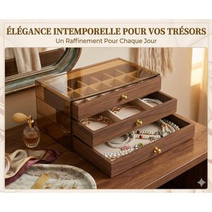Boîte à Bijoux 3 Niveaux en Bois avec Tiroirs – Organisateur Grande Capacité avec Couvercle Transparent, Rangement Élégant
