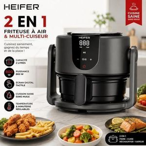 Heifer Air Fryer Sans Huile – Cuve en Acier Inoxydable, 2 en 1 & Multi-Cuiseur - Écran Digital Tactile