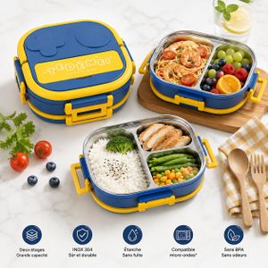 Lunch Box Enfant Inox 304 – 2 Étages, plusieurs Compartiments, Étanche