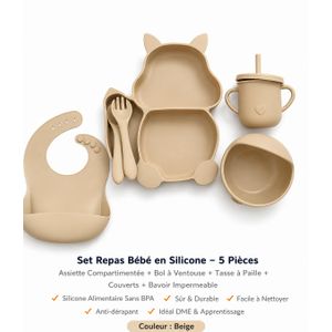 Baby Gift Set Repas Bébé en Silicone 5 Pièces – Assiette Compartimentée, Bol, Tasse à Paille, Couverts et Bavoir