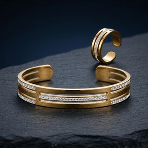 Bracelet Manchette Luxe Doré & Bague Ajustable Sertie de Cristaux