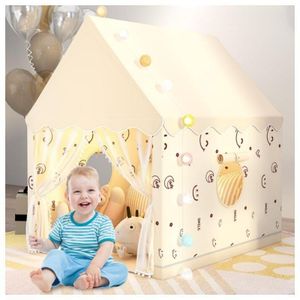 Tente de Jeu pour Enfants Maison de Jeu Pliable Espace Spacieux avec Fenêtres Réglables Rideaux Laitonnés Motif Étoiles Smileys et Inscription Smile Cabane Enfantine Idéale pour Chambre d'Enfant Coin Lecture et Diverses Activités Ludiques Amusantes