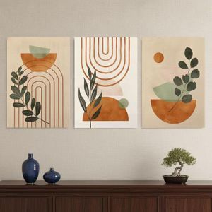 Tableau Mural Art Abstrait Boho Arches et Feuillets Botaniques Terracotta et Vert Sauge 3 Pièces 60 x 40 cm - Toile Canvas HD - Style Minimaliste Chic & Scandinavian - Décoration Salon Chambre Bureau - Châssis en Bois