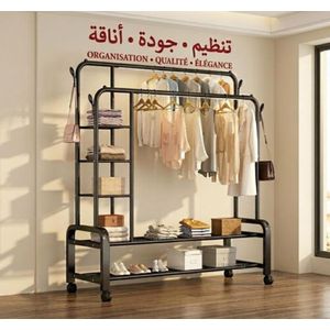 Portant à Vêtements Double Barre avec Étagères Latérales – Robuste (Max 58kg) – Noir 